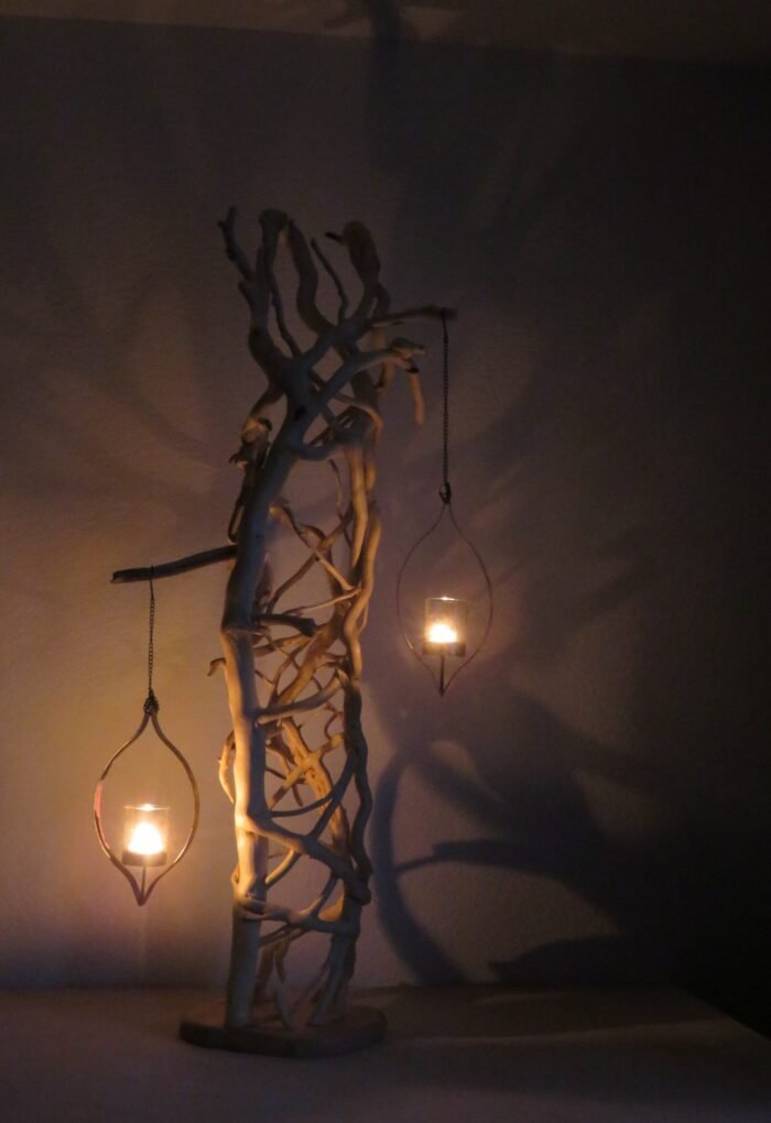 Tall free standing by night. Handcrafted wooden sculpture, interwoven Ivy branches that make this a remarkable naturally formed creation.