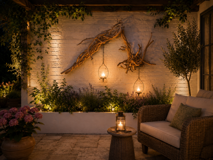 Outdoor Wall Sculpture. Handcrafted Ivy wood wall sculpture mounted outdoors against a garden wall.