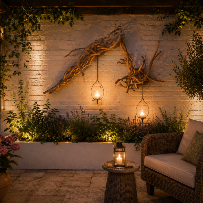 Outdoor Wall Sculpture. Handcrafted Ivy wood wall sculpture mounted outdoors against a garden wall.